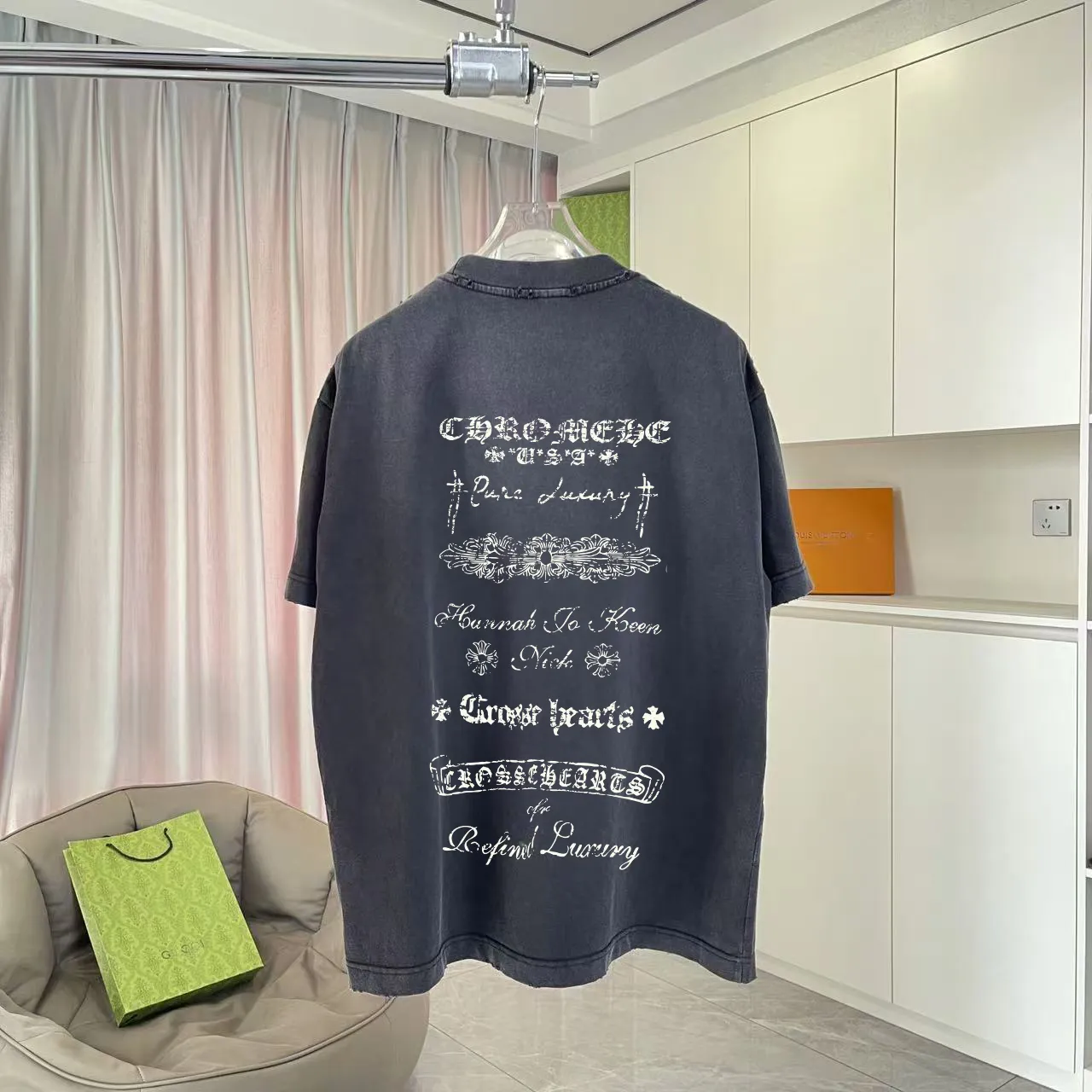 🅿️190 ch Crow* 2025 summer new style, washed, distressed, spray-painted, Sanskrit cross print, short-sleeved T-shirt, customized fabric 320g, same style for men and women, size: S M L XL XXL five sizes, color: black, gray, gradient black, gradient red